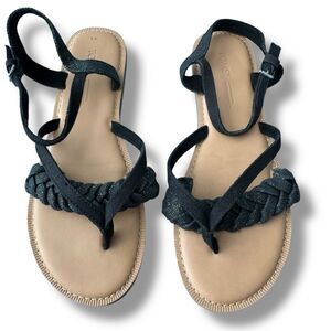 TOMS Lexie Black Gold Sandals 8W Coastal Minimal Resort Core Summer Style